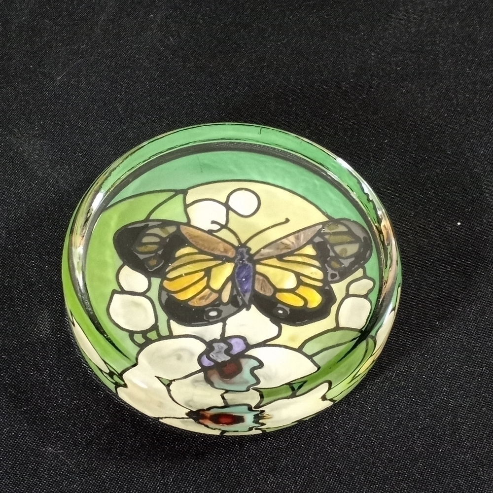 Joan Baker Glass Paperweight Hand Painted Butterfly